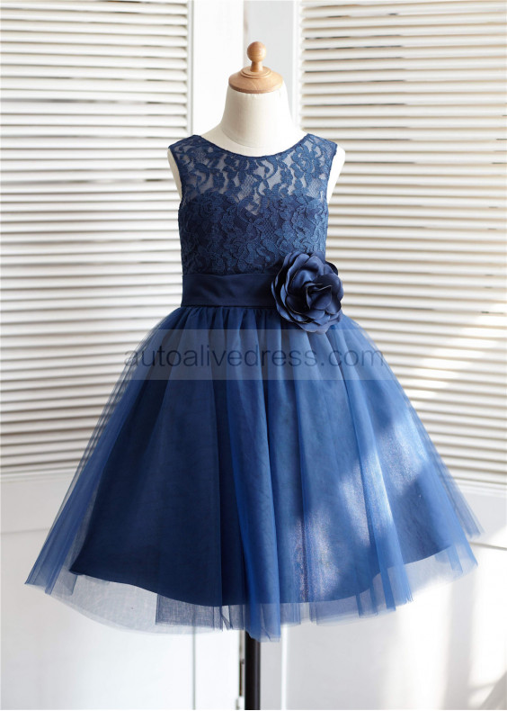 Navy Blue Lace Tulle Knee Length Flower Girl Dress